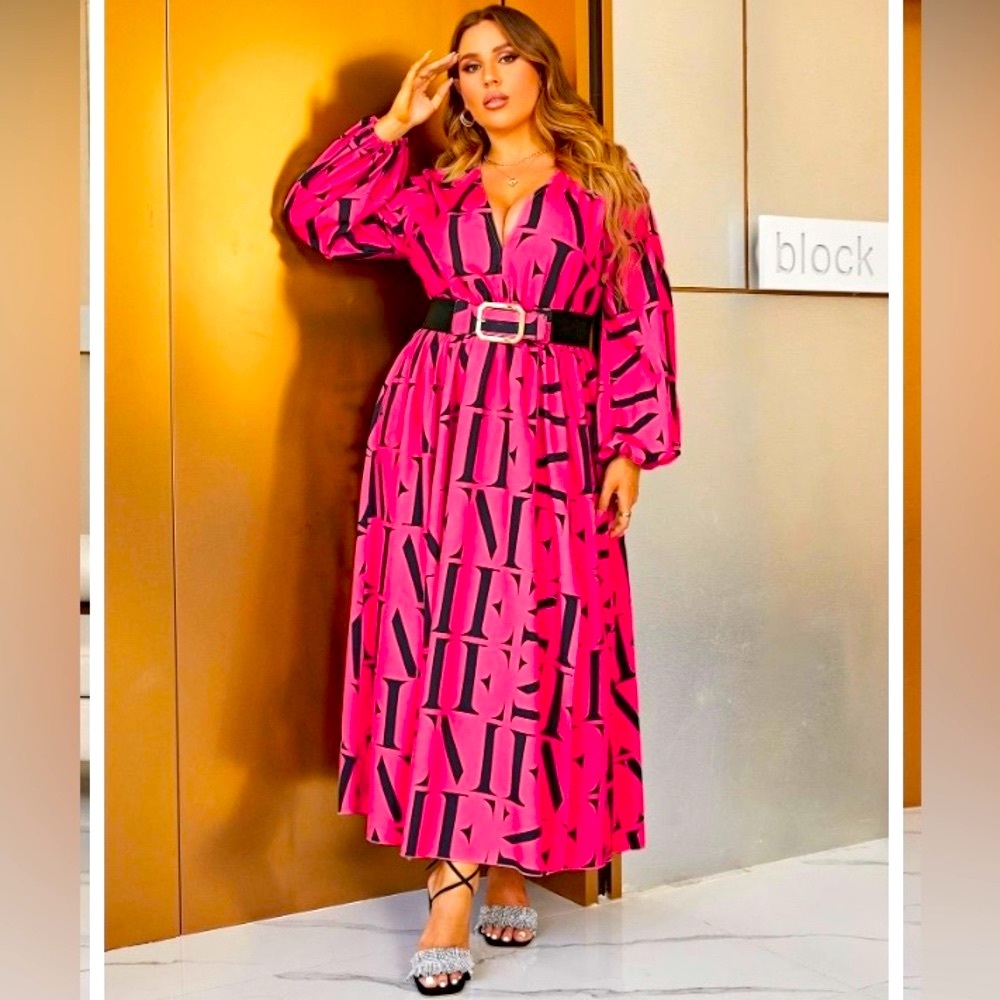Letter Print Split Thigh Belted, Elegant V Neck High Waist Pleated Maxi Dress - Picture 3 of 11